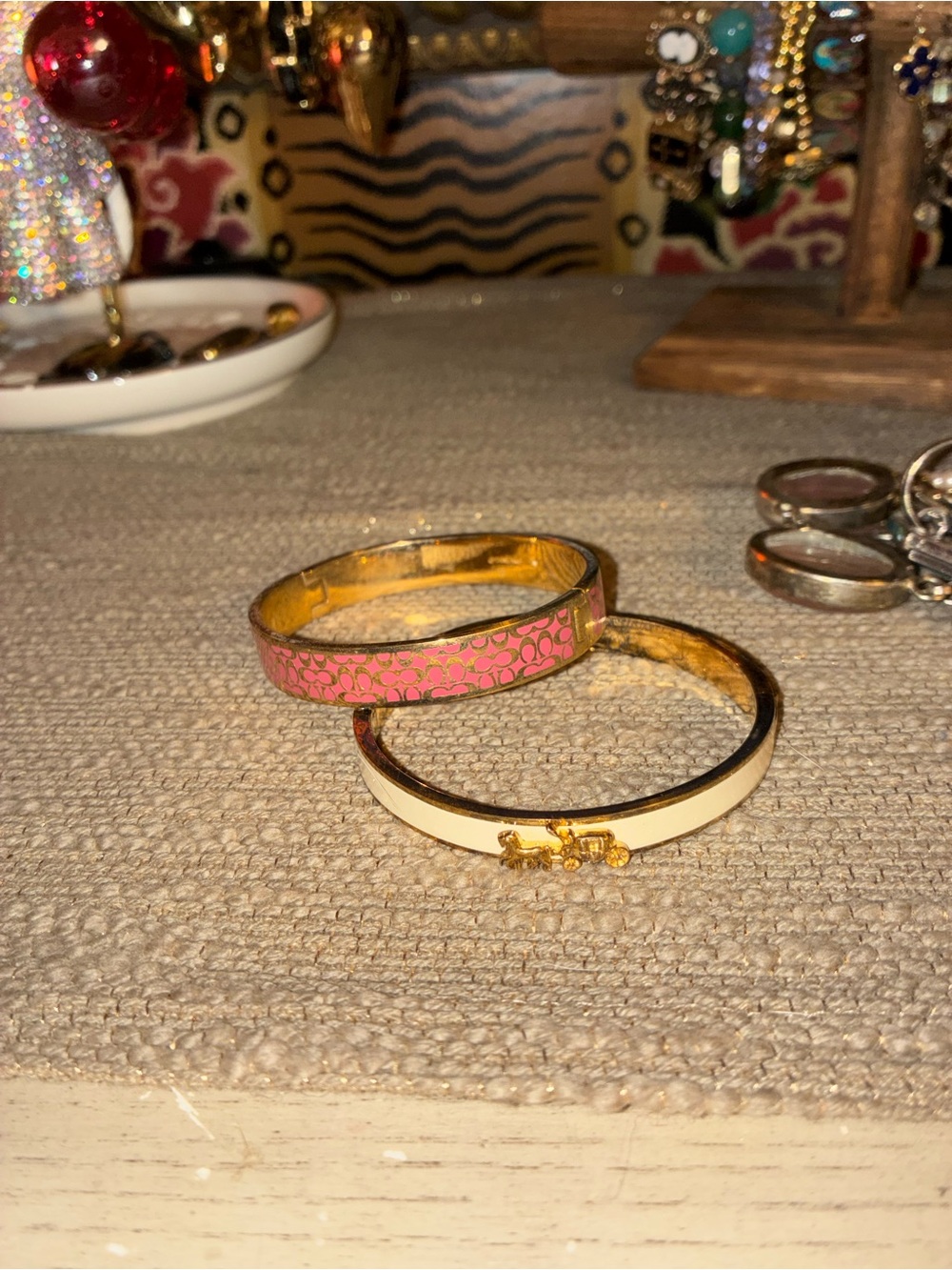 Set of Coach Gold-Tone Pink Pattern & Cream Enamel Bangle Set - Women's Jewelry